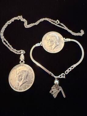JFK Kennedy Half dollar Necklace & Bracelet  #E446 1964 1967 Sterling Silver 925